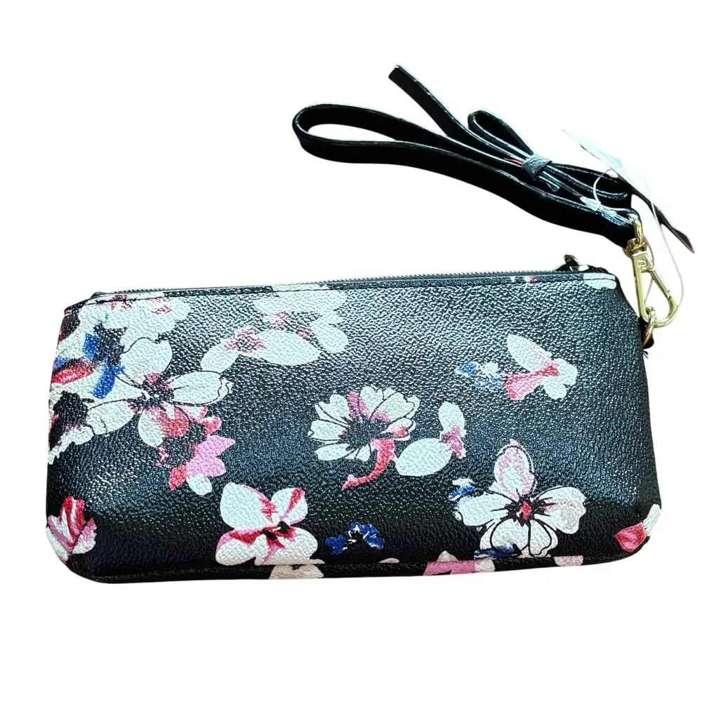 NEW Liz Claiborne wristlet wallet black & pink floral pull out ID cards pouch